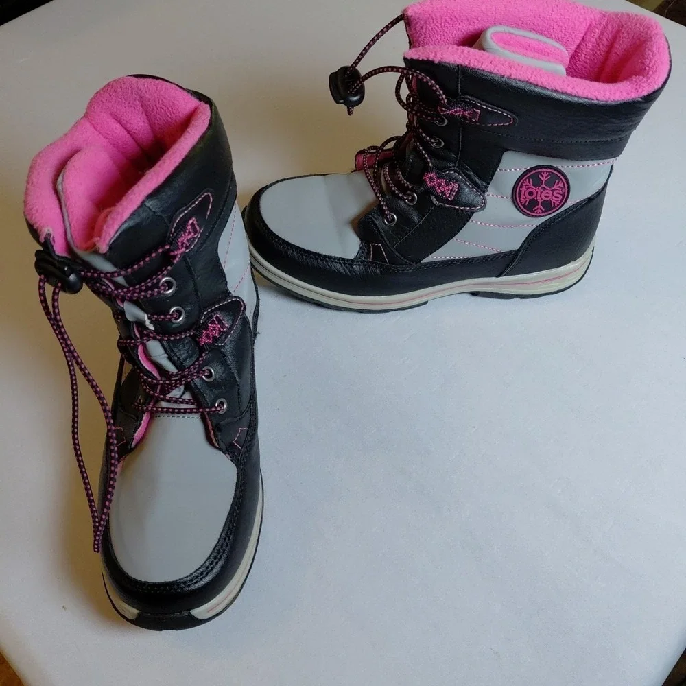 Totes Beaver Winter Snow Boots Girls Size 4 Black Pink Waterproof Lined EXC COND